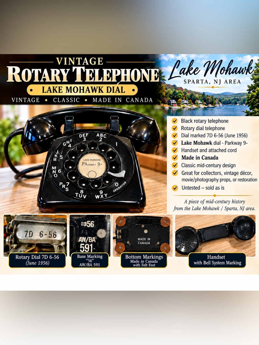 Vintage Black Rotary Telephone Lake Mohawk / Sparta NJ - Dial Marked 6-56